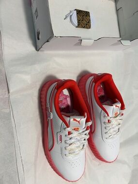 Puma Kids White Sneakers with Red Trim and Pink Insole